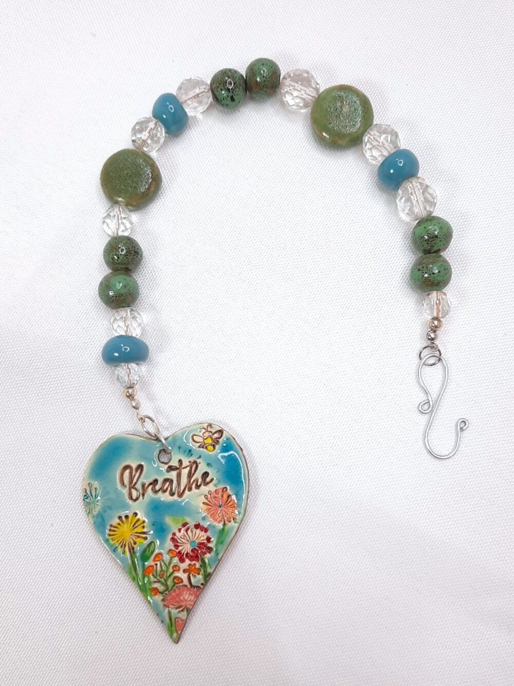 Artisan Upcycled Beaded Suncatcher Hand Painted Ceramic Heart Breathe Floral NEW
